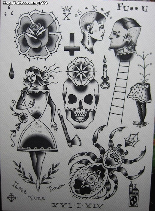 Tattoo flash photo Skulls, Roses, Spiders