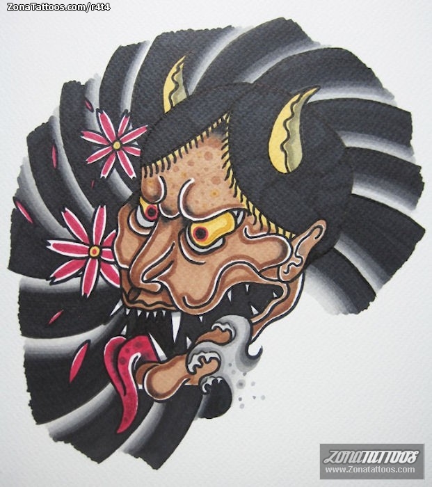 Tattoo flash photo Hannya, Asian, Flowers