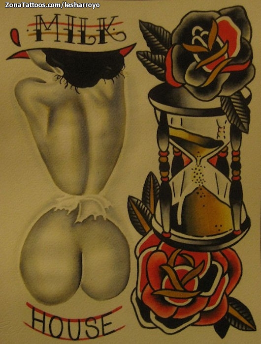 Tattoo flash photo Hourglass, Roses, Flowers