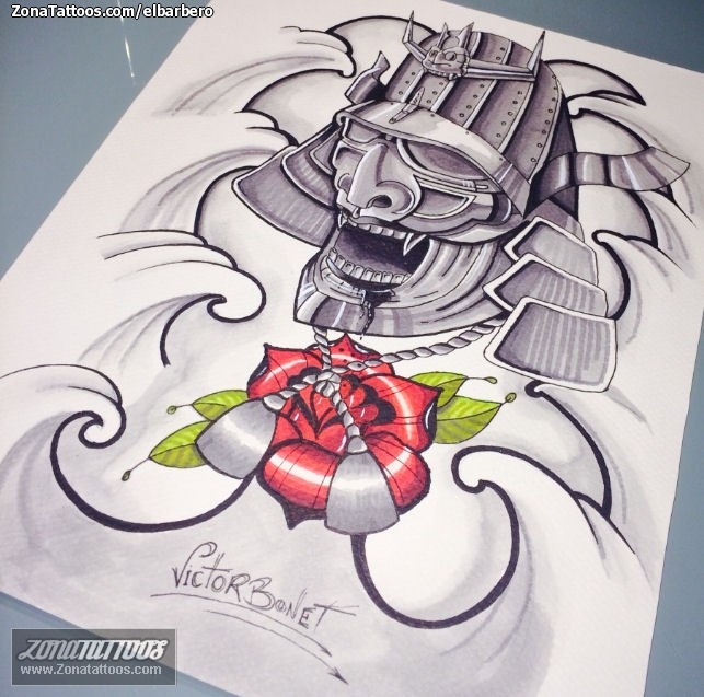 Tattoo flash photo Samurai, Roses, Flowers