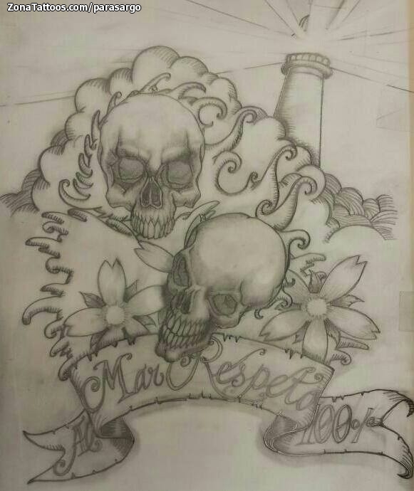 Tattoo flash photo Skulls, Clouds, Letters