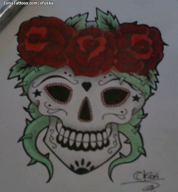 Tattoo flash photo Sugar Skull, Roses, Flowers