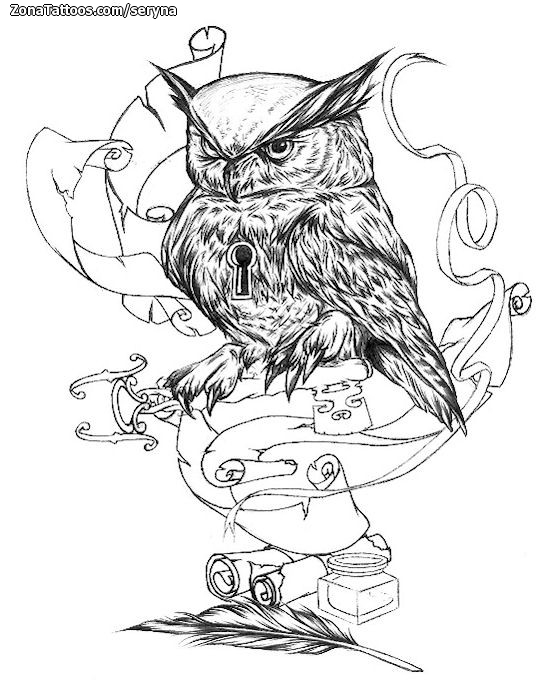 Tattoo flash photo Owls, Birds, Scrolls