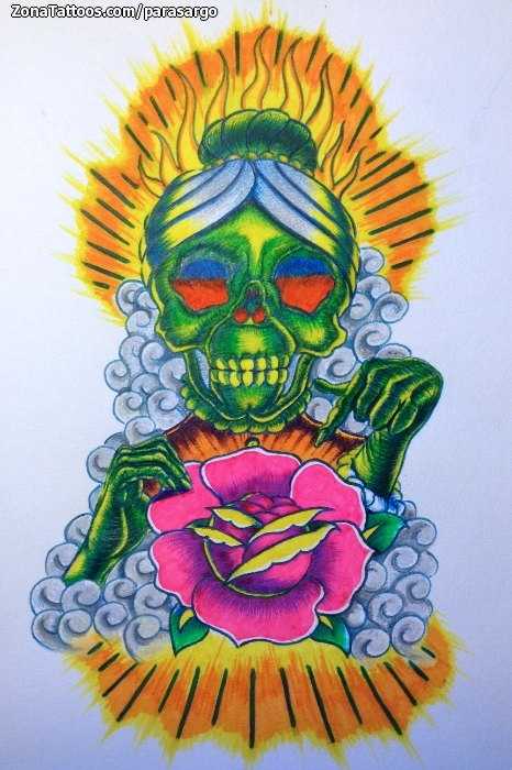 Tattoo flash photo Skulls, Roses, Flowers