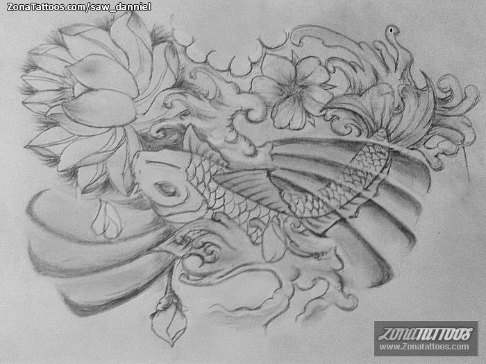 Tattoo flash photo Koi, Lotus, Asian