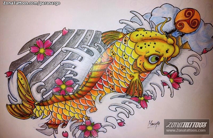 Tattoo flash photo Koi, Asian, Waves