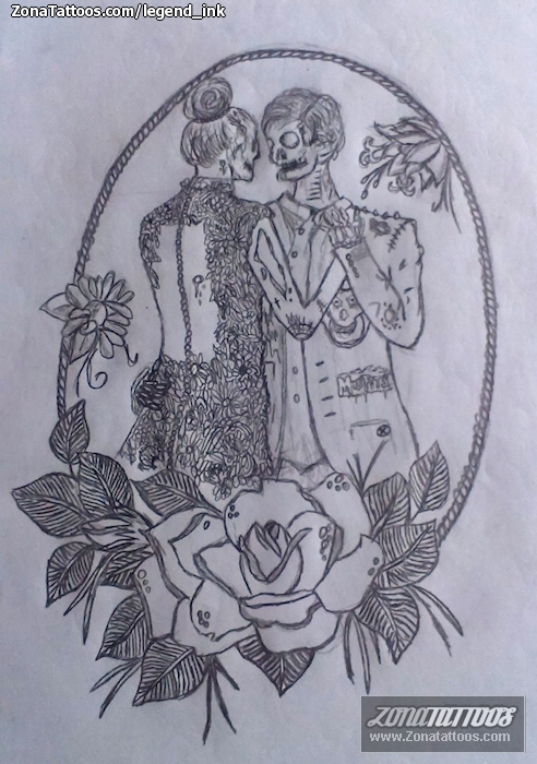 Tattoo flash photo Skeletons, Roses