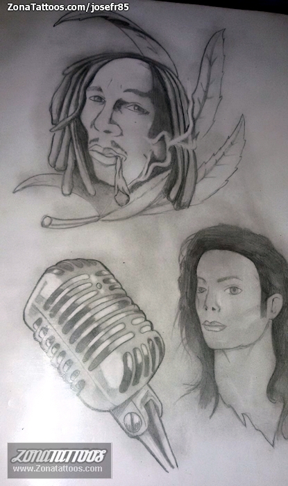 Tattoo flash photo Bob Marley, Michael Jackson, Microphones