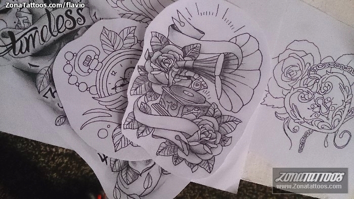 Tattoo flash photo Roses, Gramophones