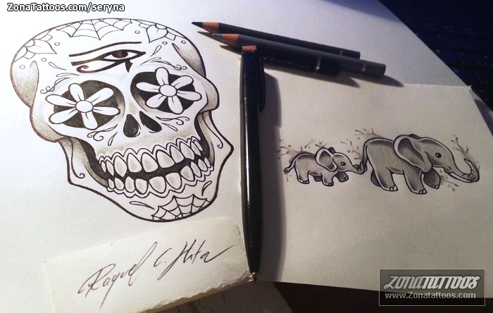 Tattoo flash photo Sugar Skull, Elephants, Animals