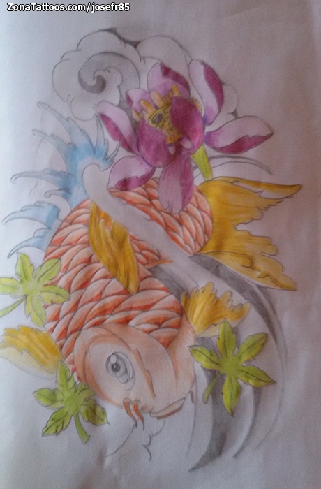 Tattoo flash photo Asian, Flowers, Koi