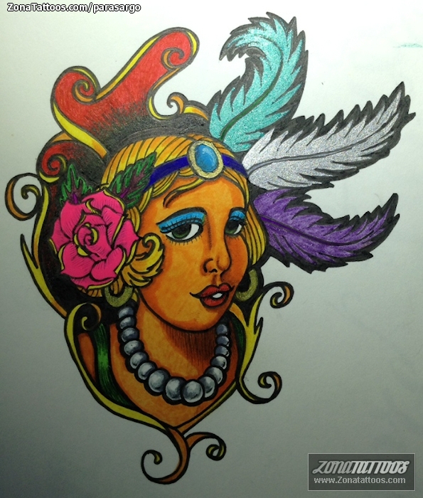 Tattoo flash photo Faces, Feathers, Ornaments