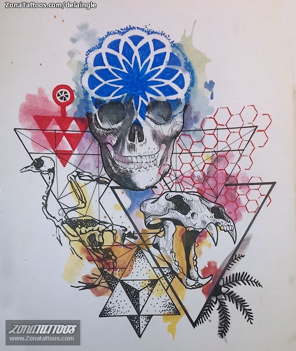 Tattoo flash photo Skulls, Geometrics, Watercolor