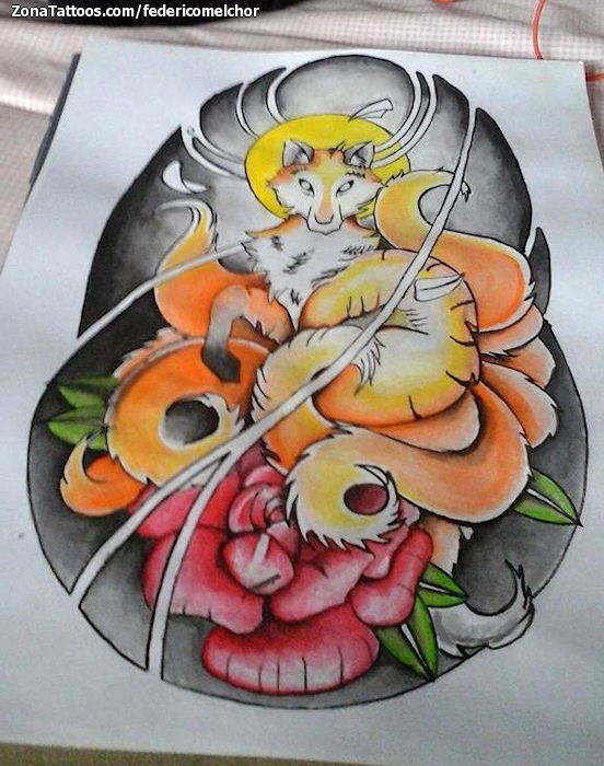 Tattoo flash photo Wolfs, Flowers, Suns