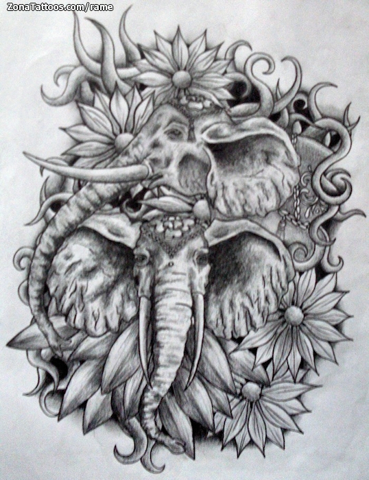 Tattoo flash photo Flowers, Elephants, Animals