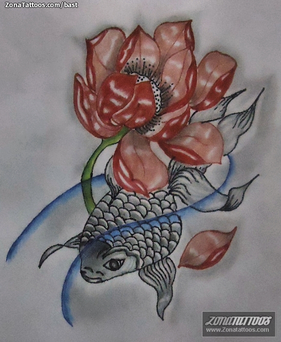 Tattoo flash photo Koi, Fish, Lotus