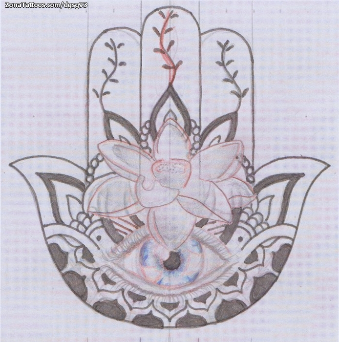 Tattoo flash photo Hamsa, Lotus