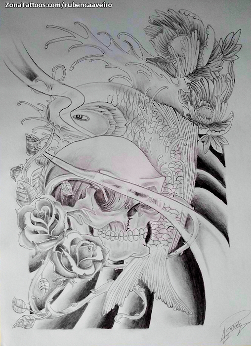 Tattoo flash photo Koi, Skulls, Asian