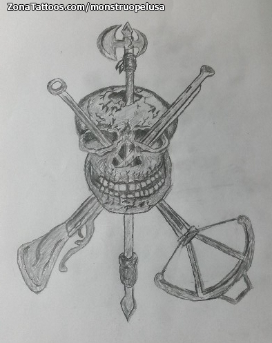 Tattoo flash photo Skulls, Weapons, Crossbows