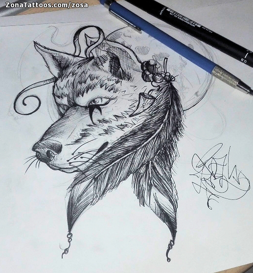 Tattoo flash photo Wolfs, Feathers, Moons