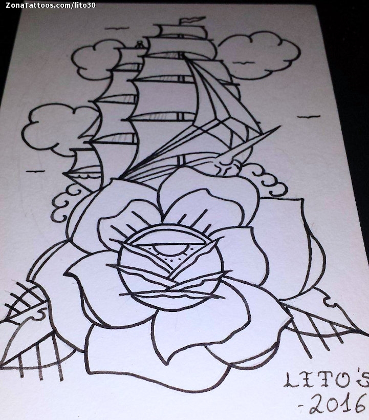 Tattoo flash photo Boats, Roses, Flowers