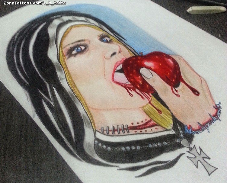 Tattoo flash photo Nuns, Apples, Blood