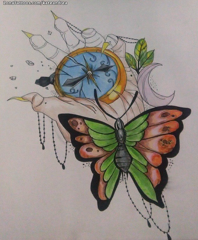 Tattoo flash photo Compasses, Hands, Butterflies