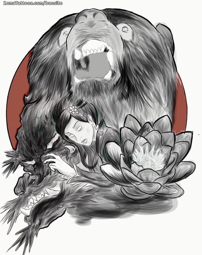 Tattoo flash photo Bears, Animals, Lotus