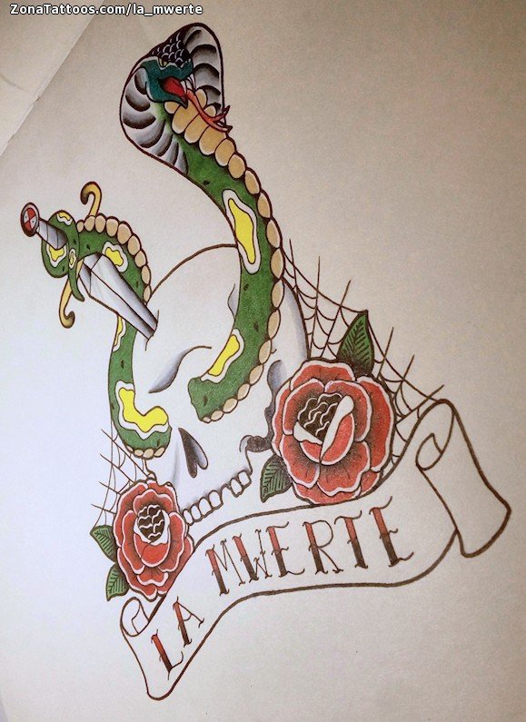 Tattoo flash photo Skulls, Roses, Cobras