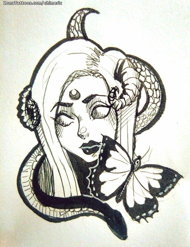 Tattoo flash photo Faces, Snakes