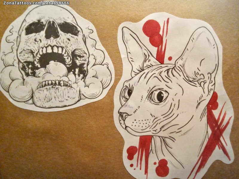 Tattoo flash photo Cats, Sphynx, Skulls