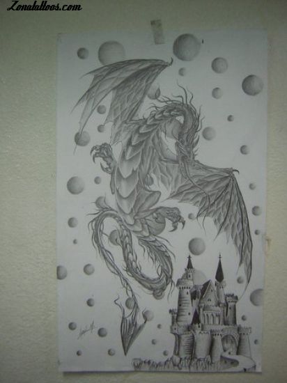 Tattoo flash photo Dragons, Fantasy, Castles