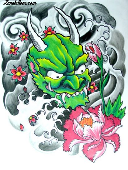 Tattoo flash photo Hannya, Lotus, Asian